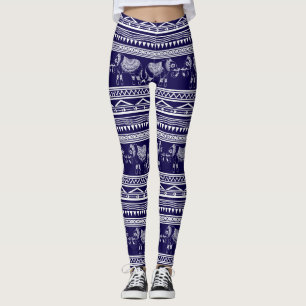 Weiß-und Marine-Blau-Elefant-Stammes- Muster Leggings