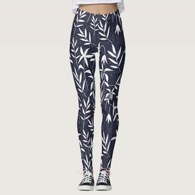 Weiß und marineblau Blätter nach japanischem Muste Leggings (Vorderseite)