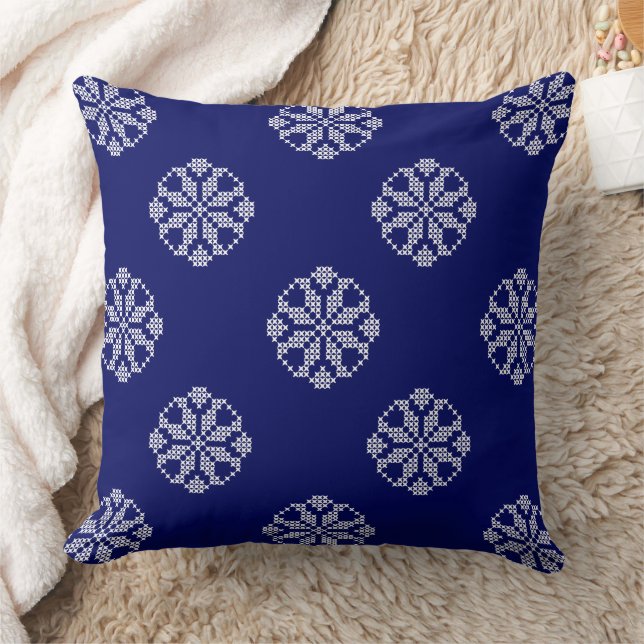 Weiß und Navy Blau Moderne Cross Stitch Lace Muste Kissen (Decke)