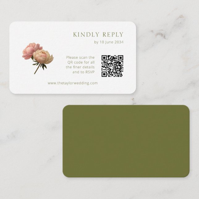 Weiß und Olive | Chic Rose Wedding RSVP QR Code Begleitkarte (Vorne/Hinten)