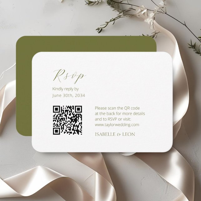 Weiß und Olive | Chic Simple Scrpt QR Code Wedding Begleitkarte (Von Creator hochgeladen)