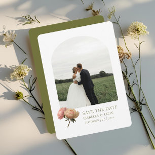Weiß und Olive Moderne Rose Save the Date Einladung