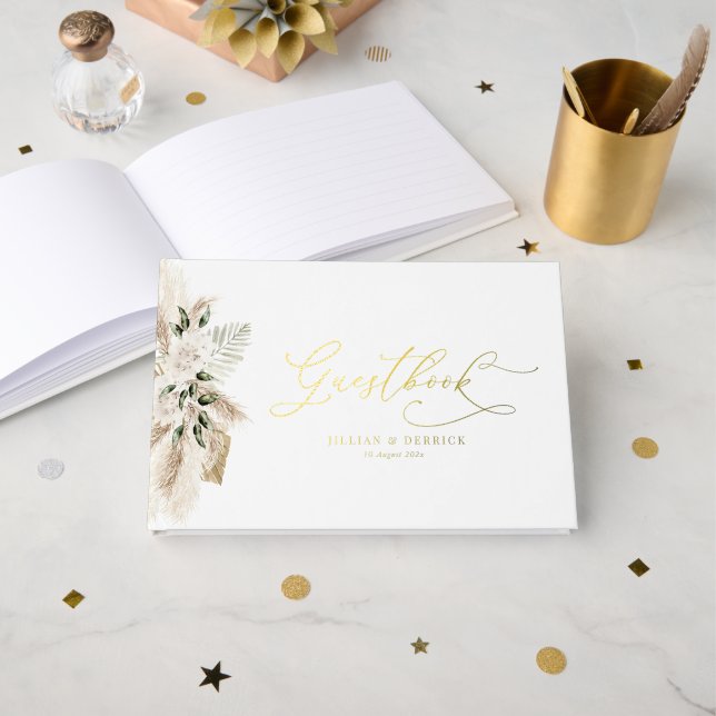 Weiß- und Pampasgras-Hochzeit Gästebuch (Vorderseite Offen)