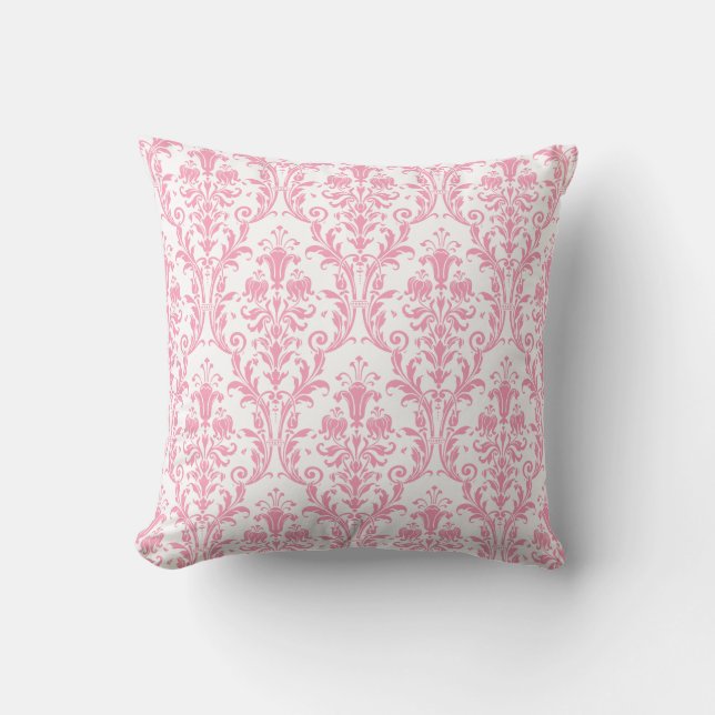 Weiß und rosa Damask Florale Wirbel 3 Kissen (Vorderseite)