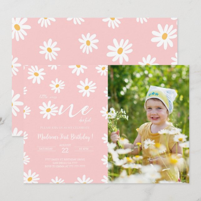 Weiß und Rosa Floral Daisy Foto Einladung (Vorne/Hinten)