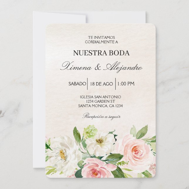 Weiß und rosa Spanisches Hochzeitsbeige Einladung (Vorderseite)