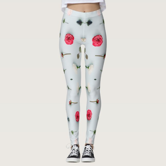 Weiß und Rose 2x2 Blumenmuster Flitterwochen Stil Leggings (Vorderseite)