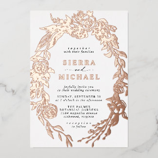 Weiß und Rose Gold Floral | Elegante Garden Weddin Folieneinladung