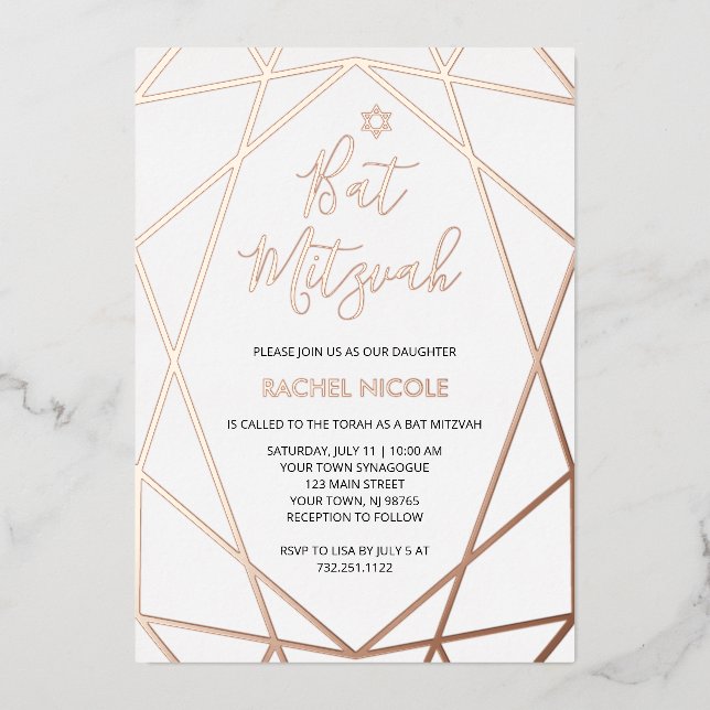 Weiß und Rose Gold Geometric | Bat Mitzvah Folieneinladung (Vorderseite)