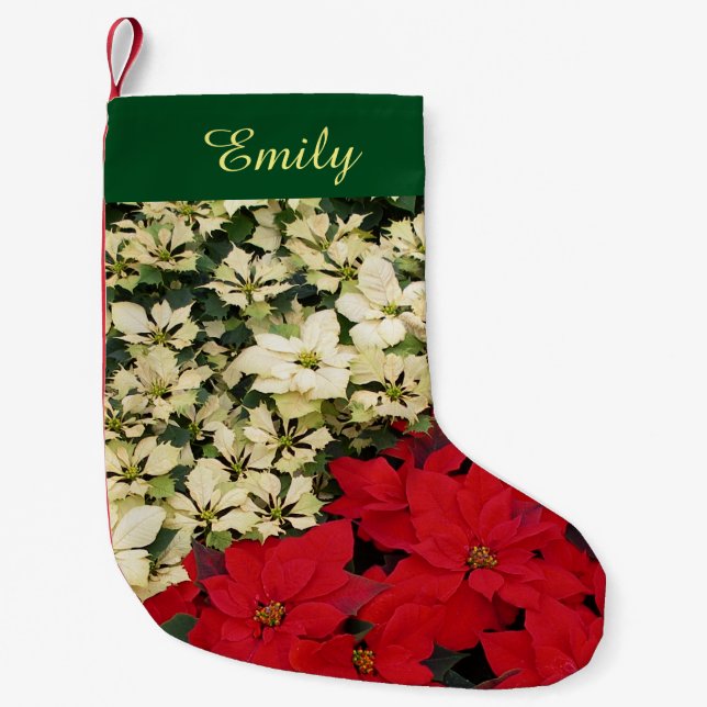 Weiß und rot Poinsettias I Holiday Floral Kleiner Weihnachtsstrumpf (Vorderseite)