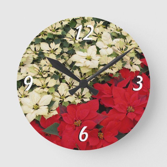 Weiß und rot Poinsettias I Holiday Floral Runde Wanduhr (Vorderseite)