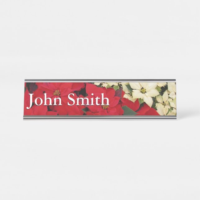 Weiß und rot Poinsettias I Holiday Floral Schreibtischnamensplakette (Vorderseite )
