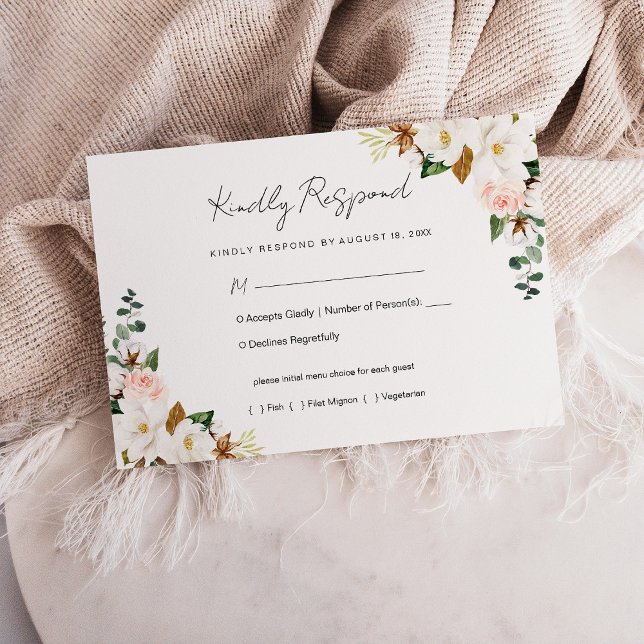 Weiß und rot - Rosa Magnolia Bloral Wedding RSVP (White and Blush Pink Magnolia Floral Wedding RSVP Card)