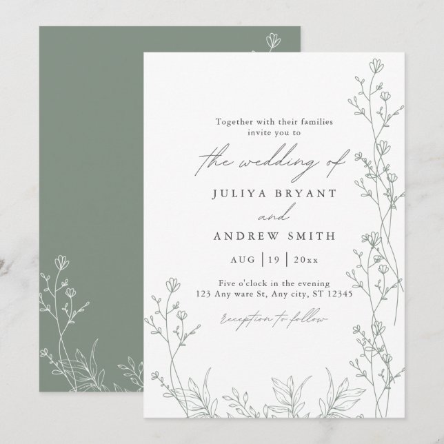 Weiß und saga grün Drehbuch Hochzeit Einladung (Vorne/Hinten)