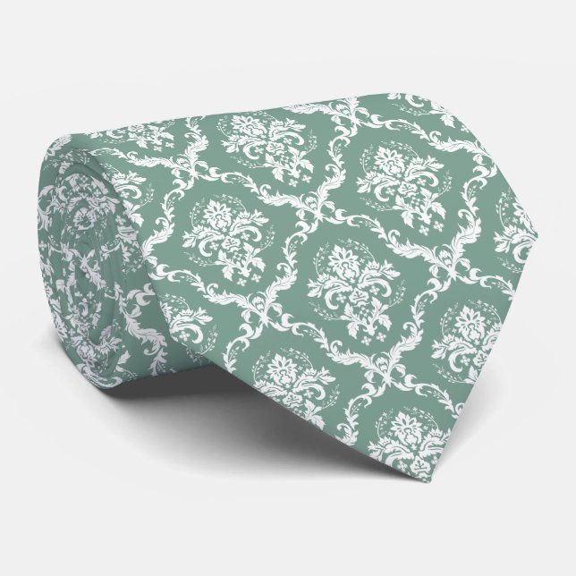 Weiß- und Sage-Green-Floral-Damaskus-Muster Krawatte (Gerollt)