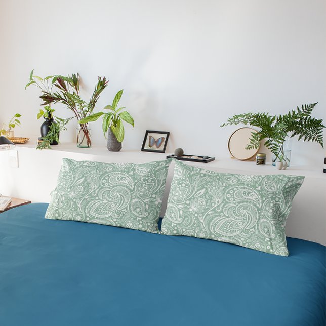 Weiß und Sage-Green Paisley Muster Kissenbezug (Von Creator hochgeladen)