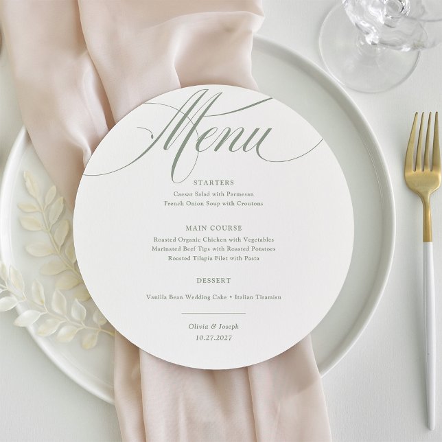 Weiß und Sage | Klassische Italienische Hochzeit Menükarte (Von Creator hochgeladen)