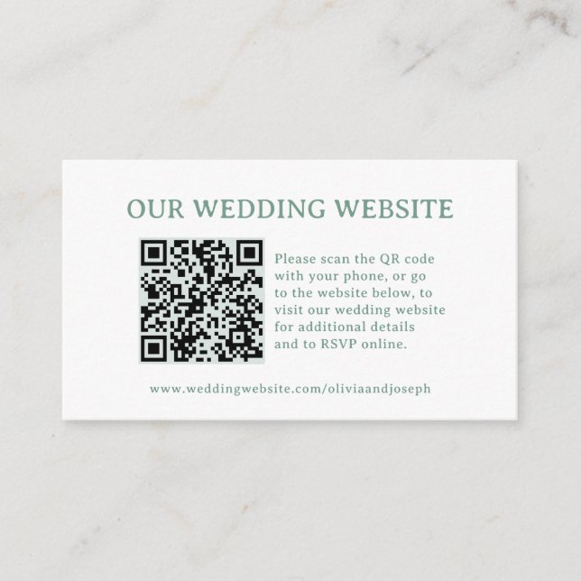 Weiß und Salbeigrün | Hochzeitswebsite QR Code Begleitkarte (Vorderseite)