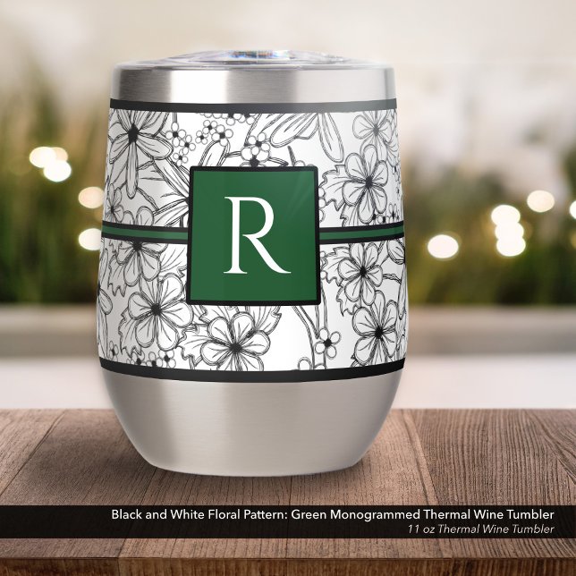 Weiß und Schwarz-Blütenmuster: Grün Mit Monogramm (Black and White Floral Pattern on an 11 oz Thermal Wine Tumbler with Monogram in Hunter Green)