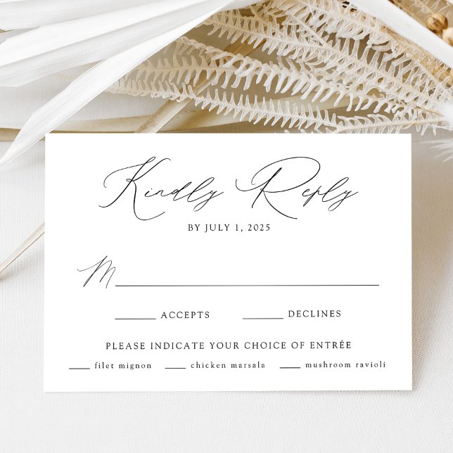 Weiß und Schwarz Moderne Elegante Speisen RSVP Karte (Von Creator hochgeladen)