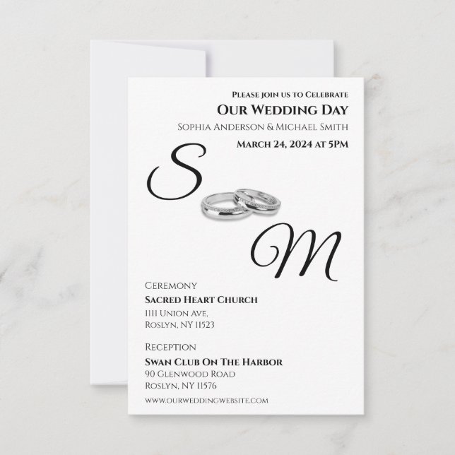 Weiß und Schwarz-Monogramm-Hochzeitsringe- Einladung (Vorderseite)