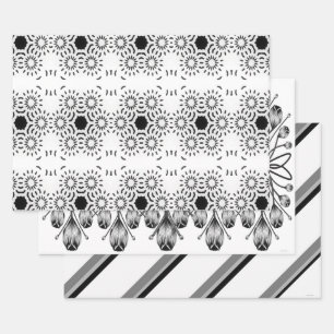 Weiß- und schwarzes Geschenkpapier Set mit 3 Bogen