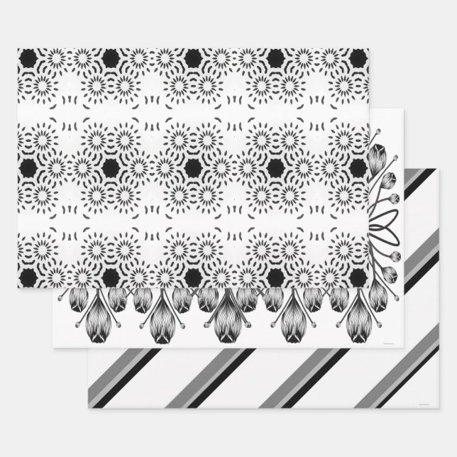Weiß- und schwarzes Geschenkpapier Set mit 3 Bogen (Set)