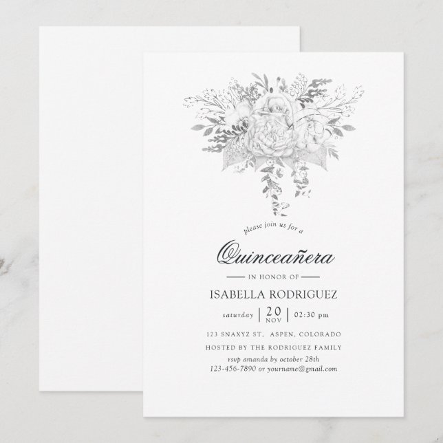 Weiß und silber, Vintage Quinceñera Einladung (Vorne/Hinten)