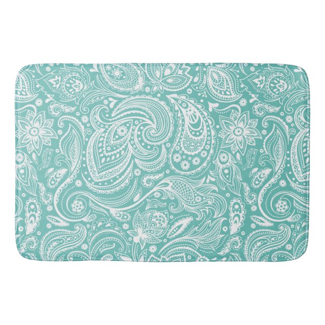 Weiß und Türkisblau Floral Paisley Lace Muster Badematte (Vorderseite)