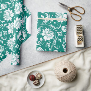 Weiß und türkisblau geblümte Damastmuster Geschenkpapier