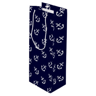 Weiß verankert Marine-Blau-Hintergrund-Muster Geschenktüte Für Weinflaschen