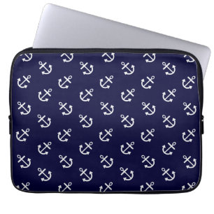 Weiß verankert Marine-Blau-Hintergrund-Muster Laptopschutzhülle