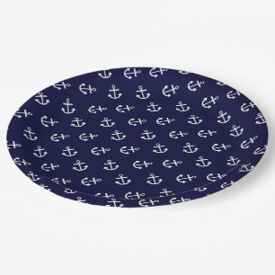 Weiß verankert Marine-Blau-Hintergrund-Muster Pappteller