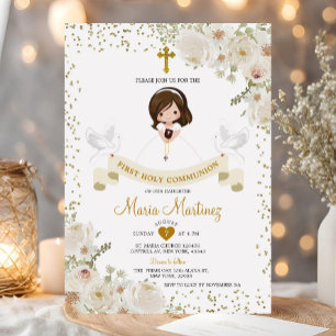 Weißblütenmädchen 1. Glitzer der heiligen Kommunio Einladung