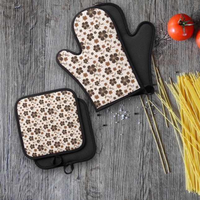 Weißbraune natürliche Blume Ofenhandschuh & Topflappen-Set (Von Creator hochgeladen)