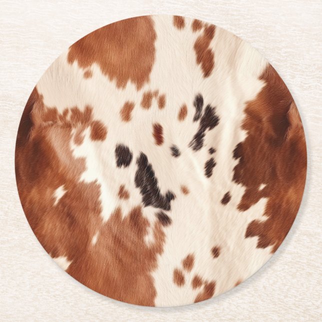 Weißbrauner Cowhide Runder Pappuntersetzer (Vorderseite)