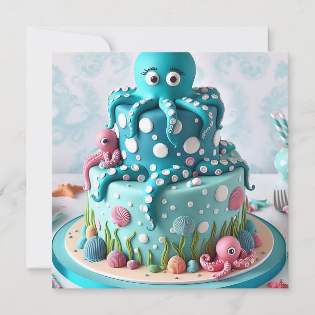 WEISSCH BLAUER OCTOPUS THEMED GEBURTSTAGSKAKE EINLADUNG (Vorderseite)