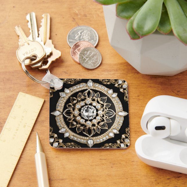 Weißdiamanten und Goldkreismandala Schlüsselanhänger (Schreibtisch)