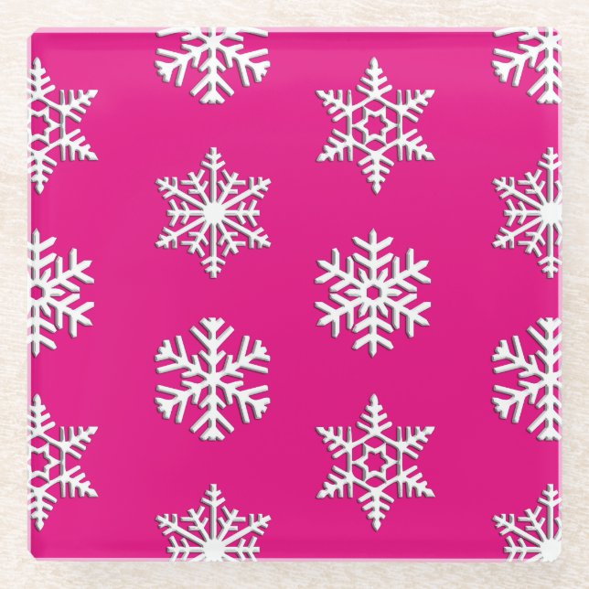 Weiße 3-D-Schneeflocken, individueller Hintergrund Glasuntersetzer (Vorderseite)
