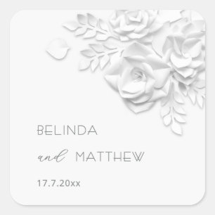 Weiße 3D-Blumen Rosen Minimalistische Hochzeit  Quadratischer Aufkleber