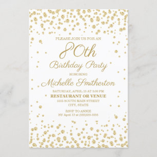 Weiße 80. Geburtstagsfeier mit goldenem Glitter Einladung