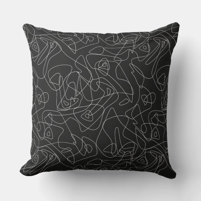 Weiße abstrakte Doodles auf dunkelschwarzem Hinter Kissen (Vorderseite)