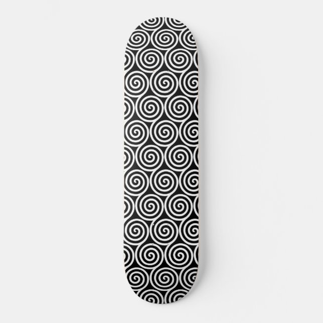 Weiße Abstrakte Spiralkreise auf schwarz Skateboard (Vorderseite)