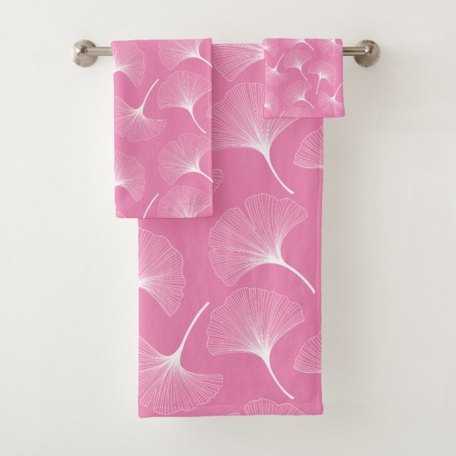 Weiße, abstrakte, zarte Blätter in Rosa Badhandtuch Set (Insitu)