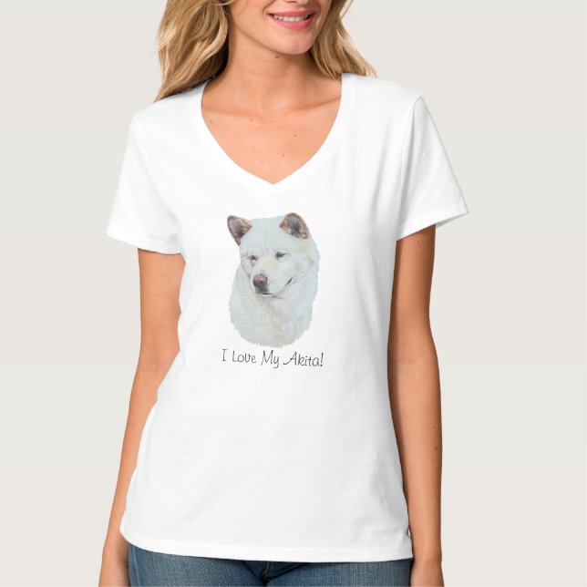 Weiße Akita-Realisthundeporträtkunst T-Shirt (Vorderseite)