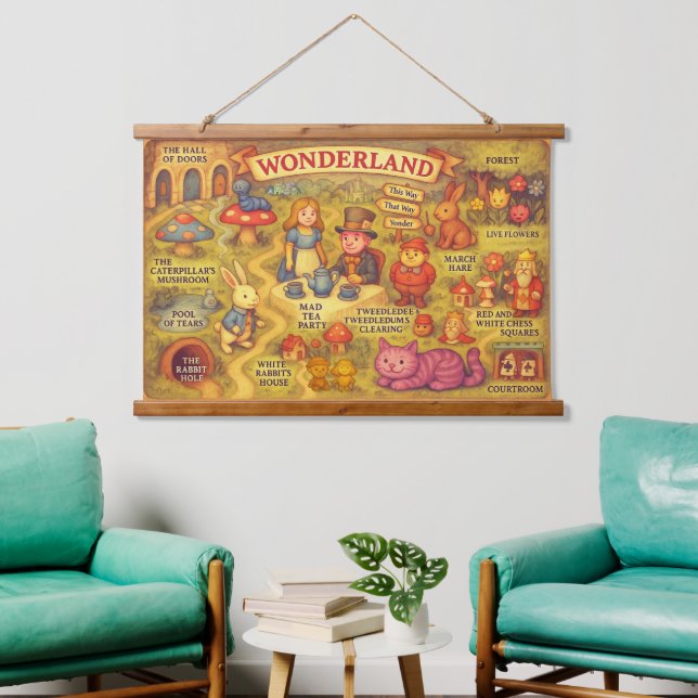 Weiße Alice im Wunderland Wandteppich Mit Holzrahmen (Wohnzimmer)