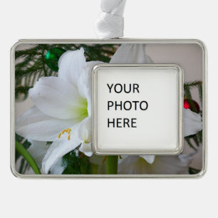 Weiße Amaryllis und Weihnachtsbaum Rahmen-Ornament Silber