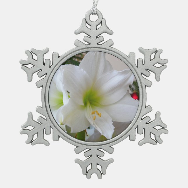 Weiße Amaryllis und Weihnachtsbaum Schneeflocken Zinn-Ornament (Vorderseite)
