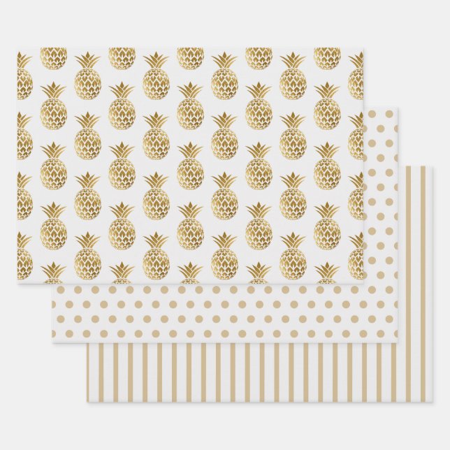 Weiße Ananas Polka Dots Streifen fest Geschenkpapier Set (Set)