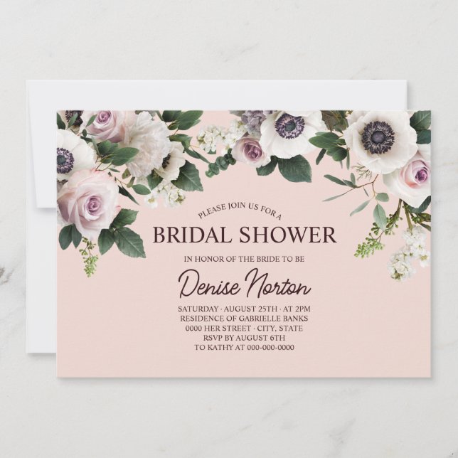 Weiße Anemone im Brautparty der Rose Blush Einladung (Vorderseite)